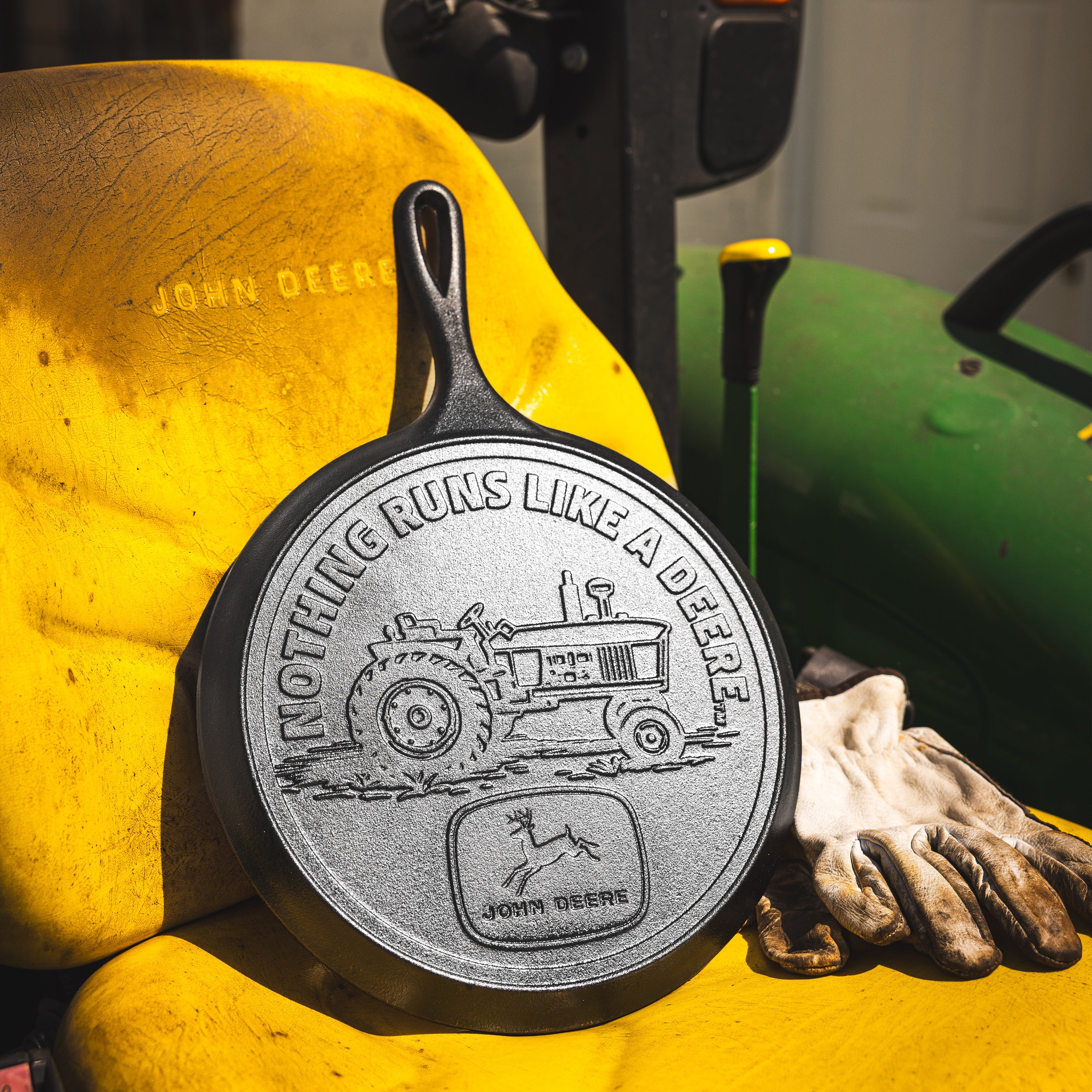 10.5 Inch Seasoned Cast Iron Griddle. John Deere Tractor