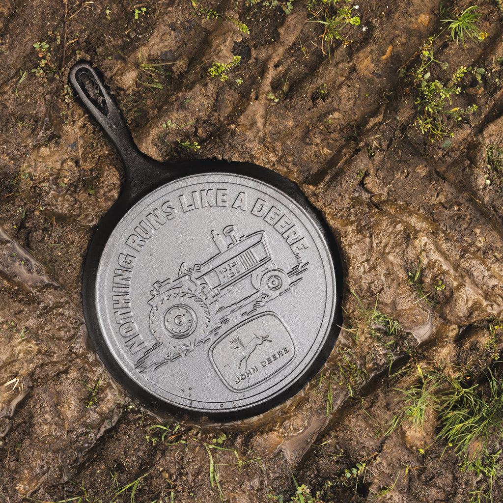 10.5 Inch Seasoned Cast Iron Griddle. John Deere Tractor