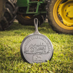 10.5 Inch Seasoned Cast Iron Griddle. John Deere Tractor