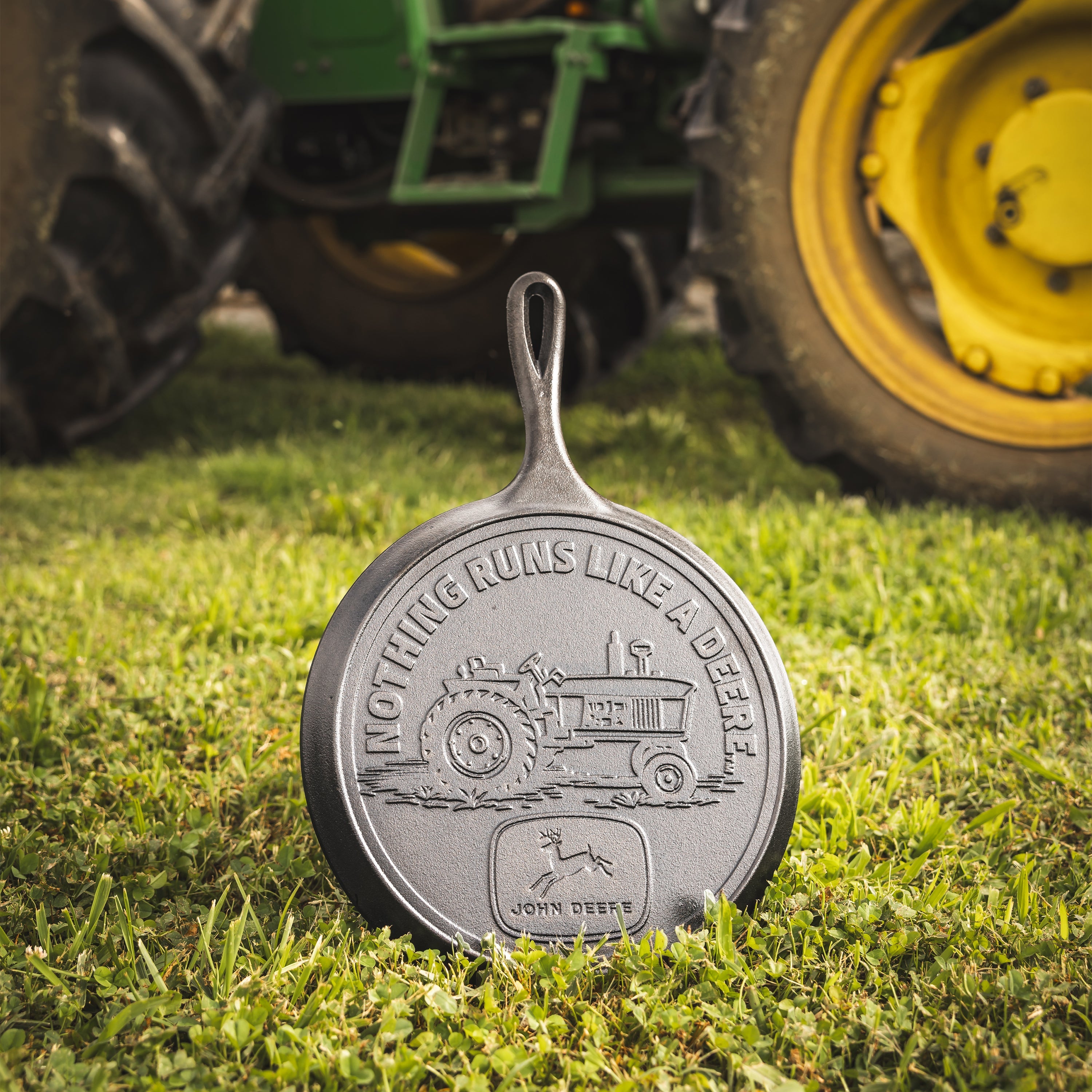 10.5 Inch Seasoned Cast Iron Griddle. John Deere Tractor